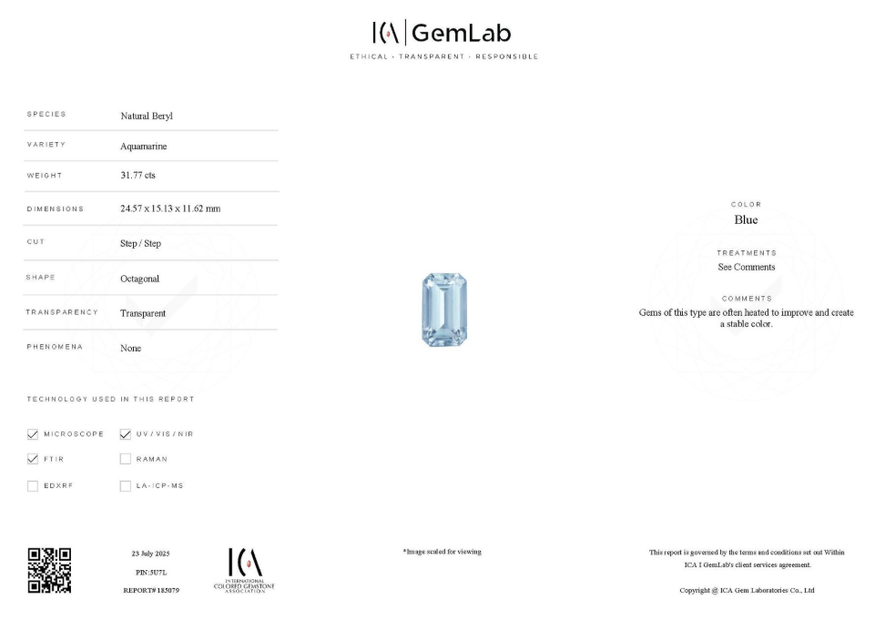 Gem Stone - Variety (Aqua Marine) - Color (Blue) - Shape (Octagonal) - Species (Natural Beryl) - 31.77-carat