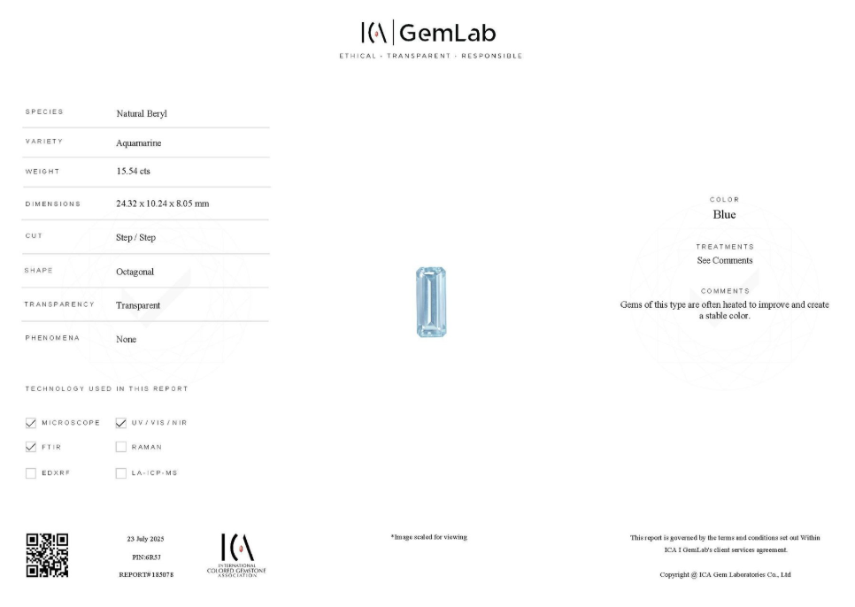 Gem Stone - Variety (Aqua Marine) - Color (Blue) - Shape (Octagonal) - Species (Natural Beryl) - 15.54 carats