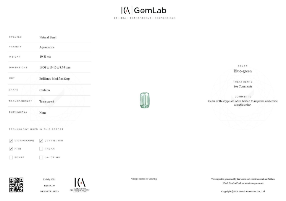 Gem Stone - Variety (Aqua Marine) - Color (Blue Green) - Shape (cushion) - Species (Natural Beryl) - 10.81-carat